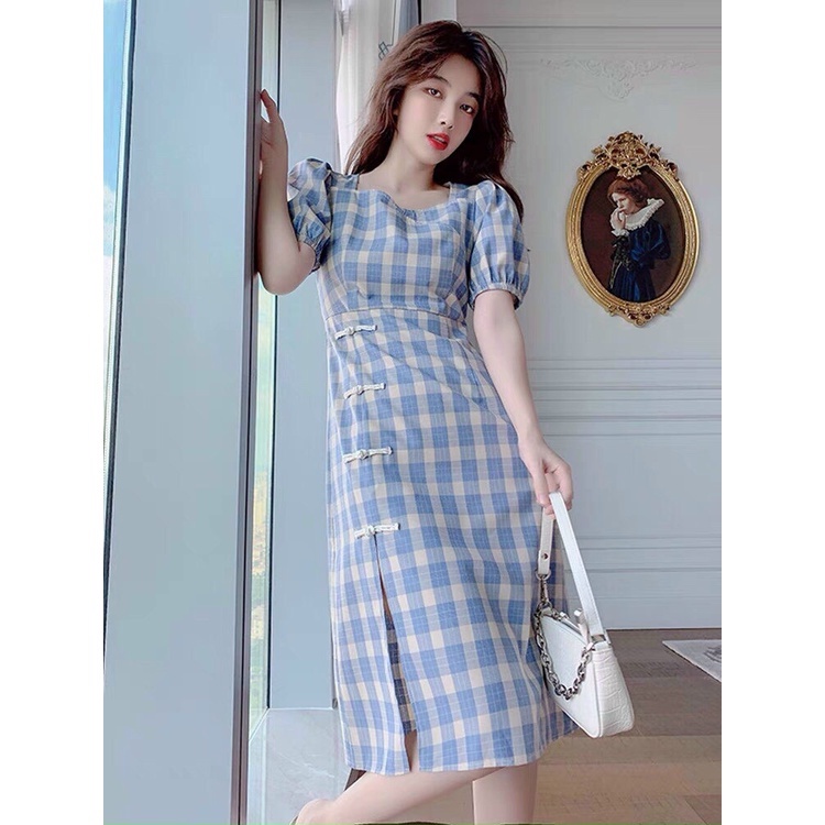 Đầm váy nữ nền karo váy sẻ tà cài nút kiểu thời trang nữ dạ hội