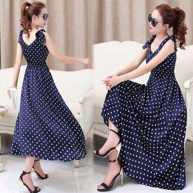 Đầm maxi chấm bi nơ vai eo thun siêu xinh