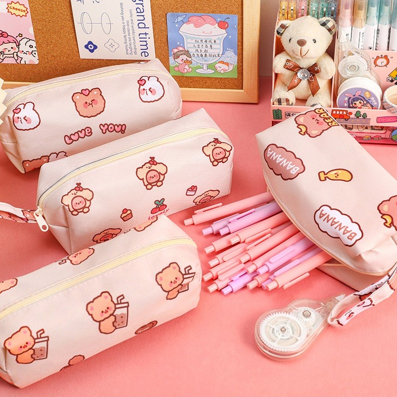 Túi đựng bút vải canvas sức chứa lớn in họa tiết gấu hoạt hình đáng yêu tiện lợi