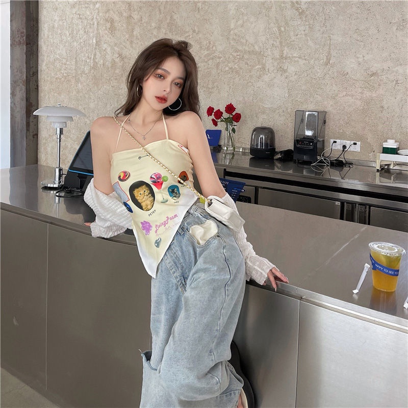 QKOOLE Áo yếm  in họa tiết xinh xắn phong cách Hàn Quốc dành cho nữ