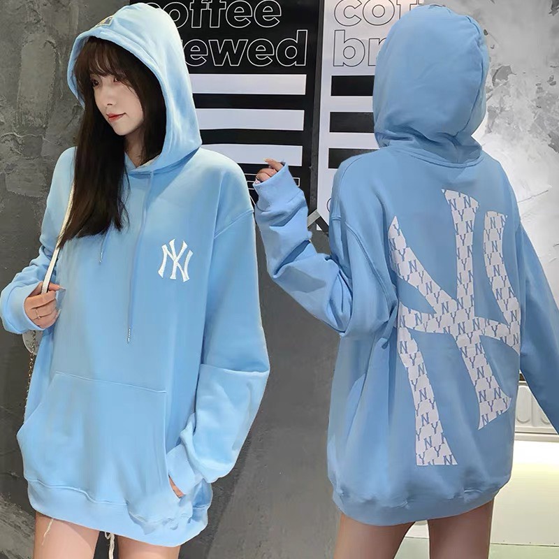 Áo nỉ MLB unisex dài tay nữ cao cấp in cao su nổi,form rộng,áo phông nỉ sweater có mũ màu trắng,xanh | BigBuy360 - bigbuy360.vn