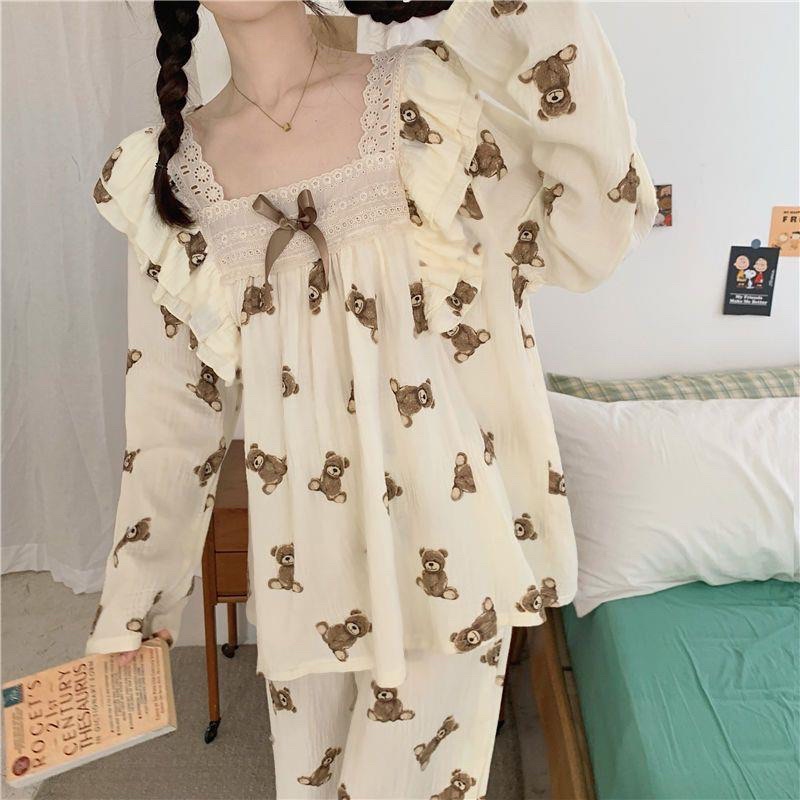 Bộ Ngủ Ren Công Chúa Đính Nơ Hoạ Tiết Gấu Nâu