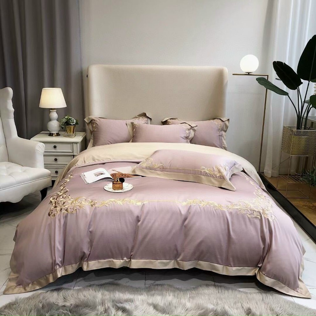 Trọn Bộ Chan Ga Gối, Drap Hàng Lụa Thêu 60S Hoàng Gia MÀU HỒNG TÍM Hàng Khách Sạn, Bộ Cưới Sang Trọng. Changahn