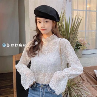 Áo ren trắng/kem dài tay