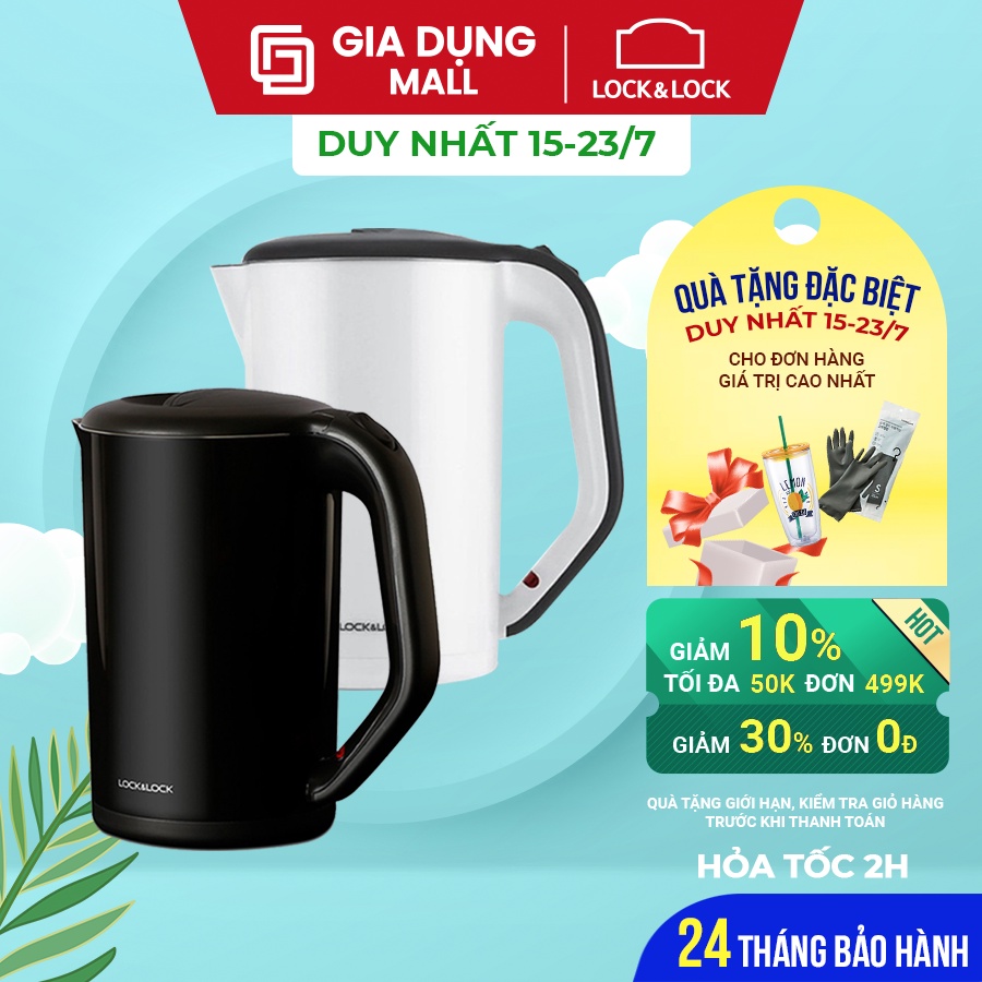 Ấm Đun Siêu Tốc Inox 2 lớp Lock&Lock EJK738 (1.7L) Chính Hãng. Vỏ nhựa PP an toàn. Lòng thép không gỉ. Đế xoay 360 độ.