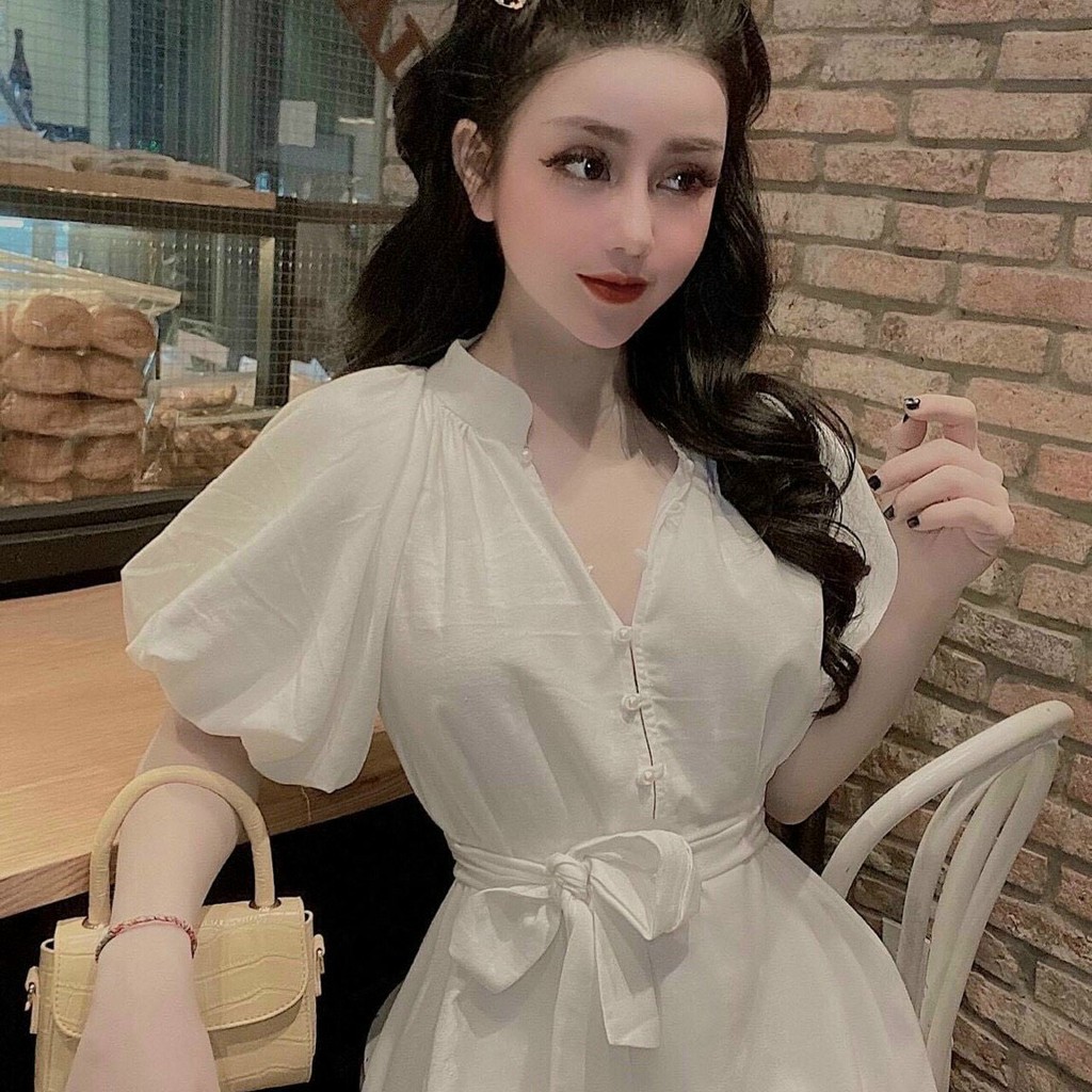 đầm ngắn tay phối nút cột dây eo