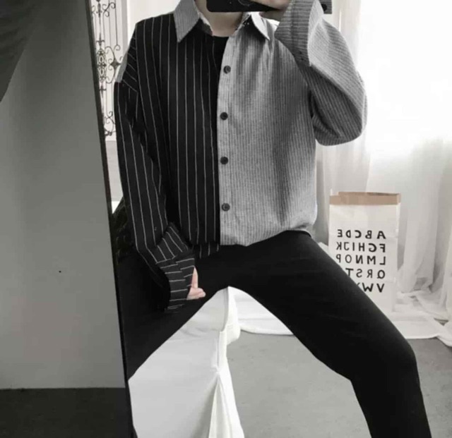 Được Kiểm Hàng TrướcÁo somi unisex kẻ phối 2 màu Đen x XámHÀNG SIÊU CẤP