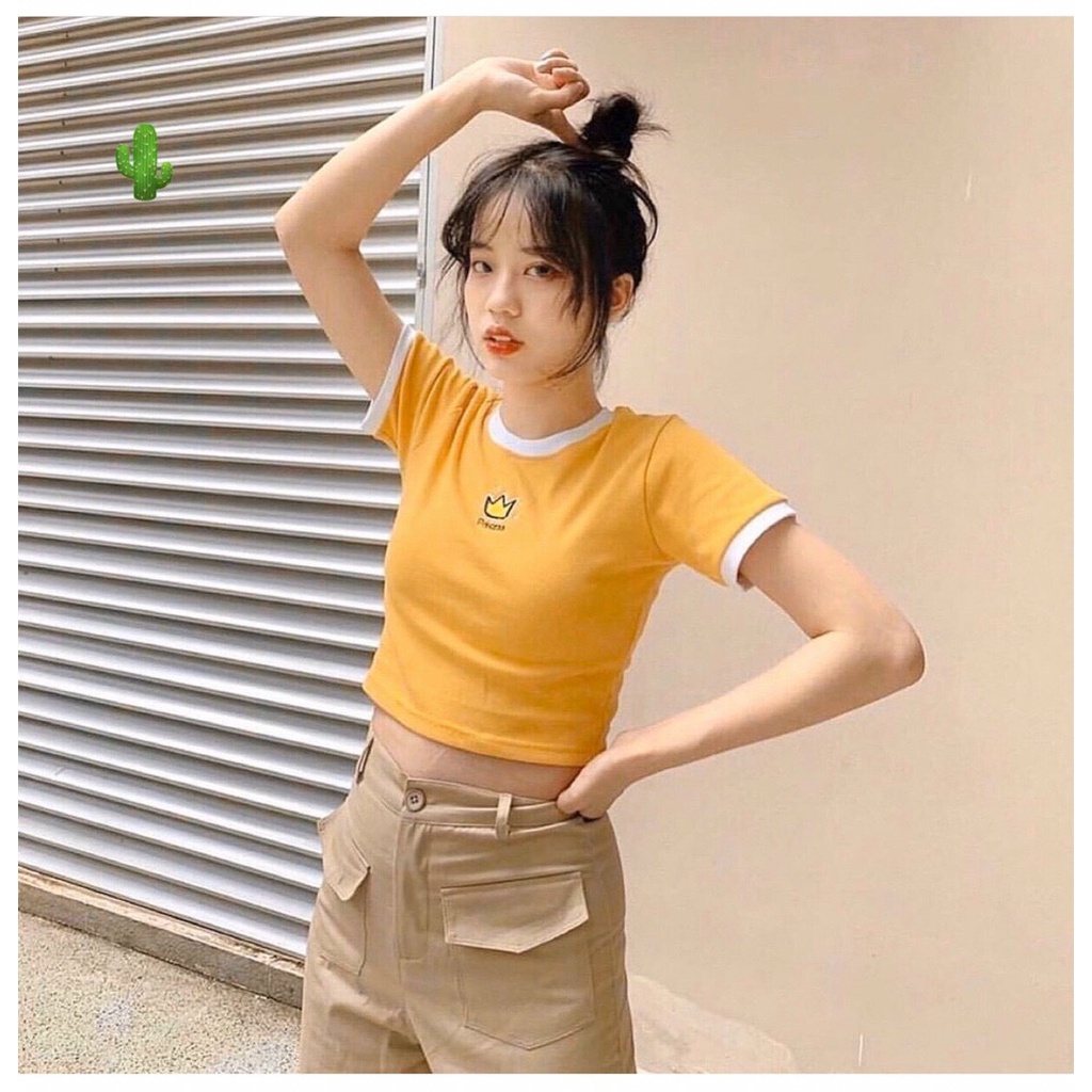 Áo thun borip nữ màu vàng vương miện croptop tay ngắn PC
