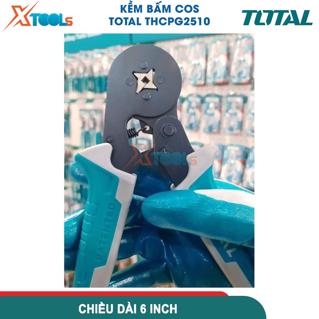 Kềm bấm cos 6'' TOTAL THCPG2510, kìm bấm cos đầu dây cách điện AWG23-7, phạm vi bấm: 0.25-10mm² [CHÍNH HÃNG][XTOOLS]