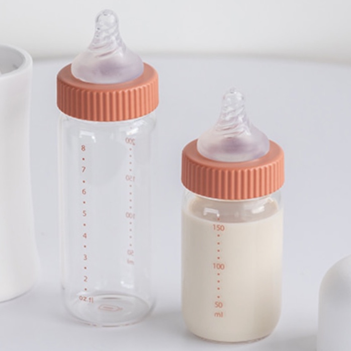 Bình sữa cho bé nổi tiếng cháy hàng ở Hàn Quốc JOHANSON bebis Safe baby glass bottle 240ml Spare Coral pink, núm vú M
