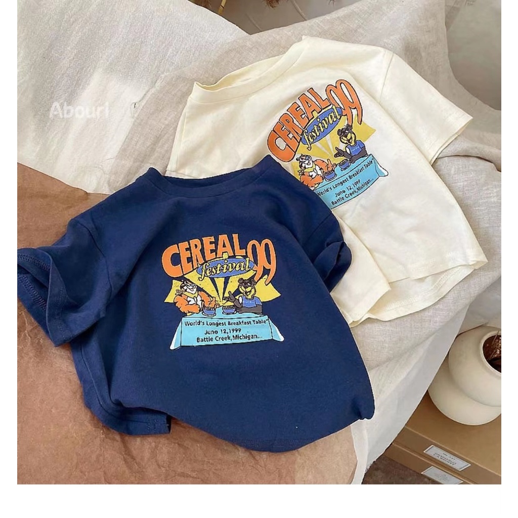 Áo Thun Cotton Ngắn Tay Cổ Tròn In Chữ Hoạt Hình Thời Trang Mùa Hè Dành Cho Trẻ 48 Tiếng