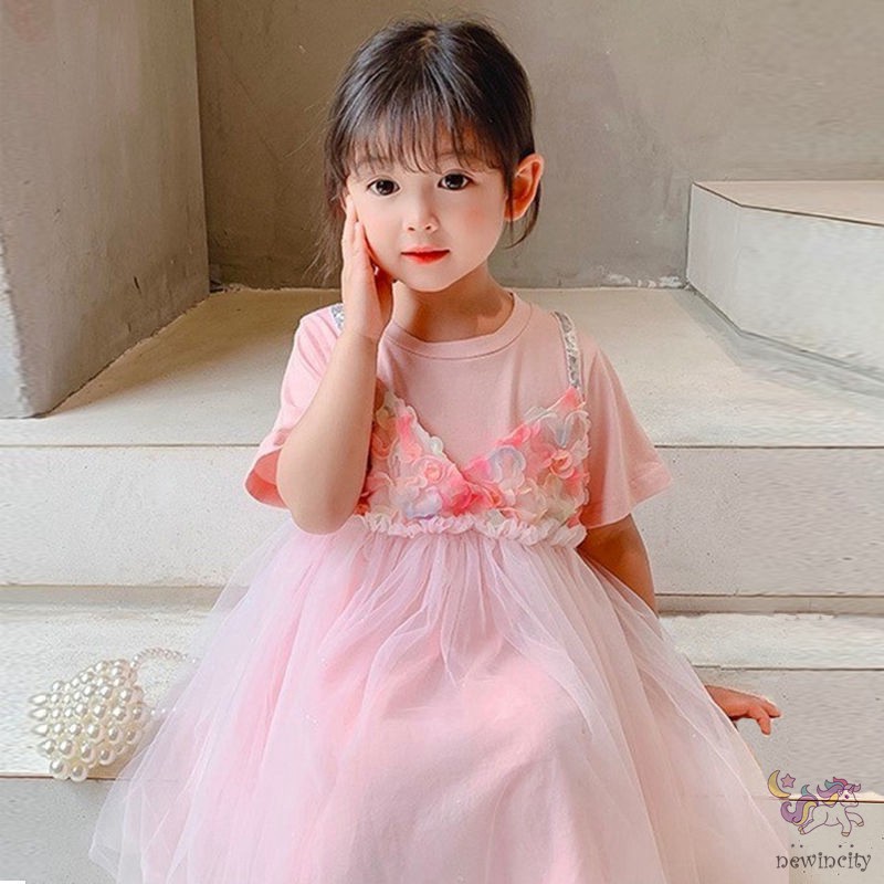 Đầm công chúa tay ngắn phối lưới phong cách Hàn Quốc cho bé gái