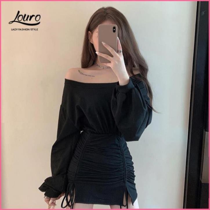 Váy đầm len tăm body rút dây💟FREESHIP💟mẫu váy đầm body dài tay lệch vai dây rút tôn dáng cực xinh-L027  ྇  ྇  ྇