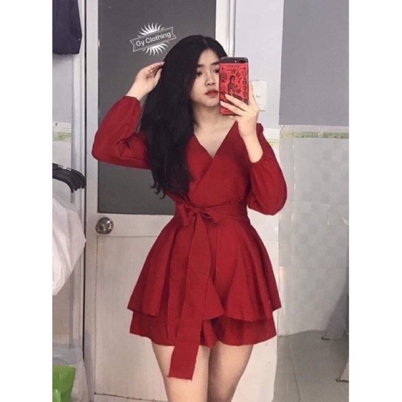 [Siêu hot]Jump tầng tay dài cổ v đắp chéo cột dây eo siêu cưng kèm hình thật.
