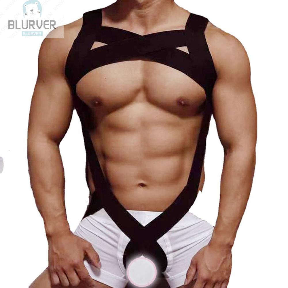 BLURVER~Male Man Underwear Black Bodysuit Fashion Hollow Jumpsuit Mens One Size#blueriver