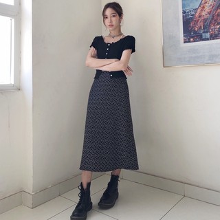 Chân váy đen hoa dài