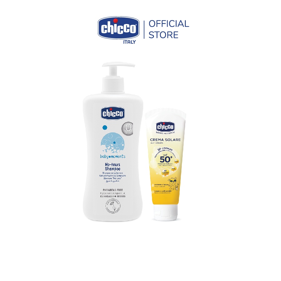 Combo Sữa tắm gội chiết xuất Hoa cúc 0M+ Chicco 500ml &amp; Kem chống nắng 3 tác động SPF 50+ Chicco