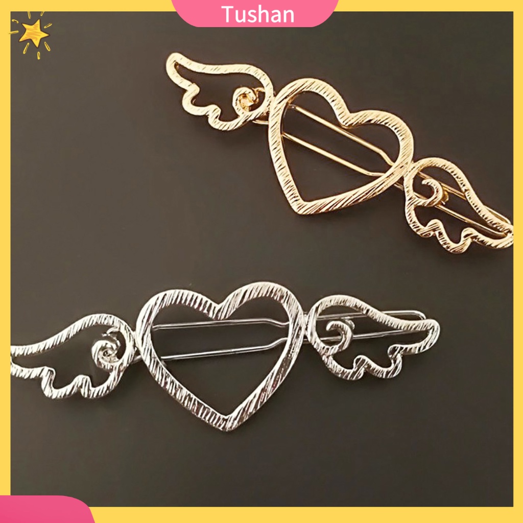 Kẹp tóc bằng kim loại hình trái tim và đôi cánh thiên thần phong cách vintage