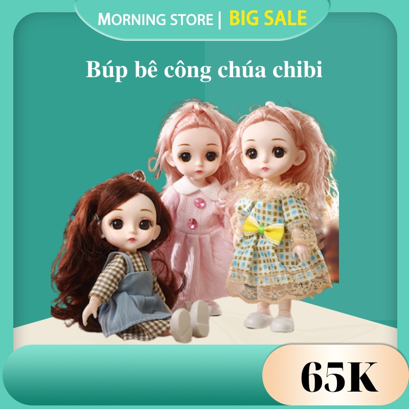 Búp bê công chúa 3D chibi đồ chơi bé gái cỡ 16cm kèm phụ kiện thú cưng, đồ bác sĩ, xe đẩy siêu thị, xe đạp