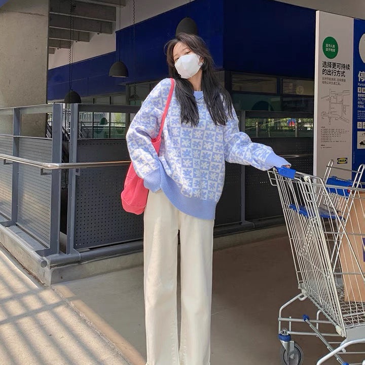 Áo Khoác Len Dáng Rộng Sọc Ca Rô Màu Xanh Dương Sữa Thời Trang Hàn Quốc 2022 Mới Cho Nữ