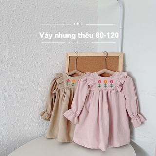 Váy thu đông bé gái, váy nhung thêu hoa ngực bé gái 8-21kg.