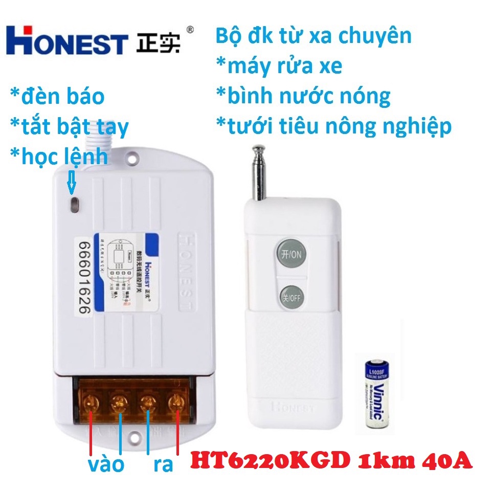 (CÓ HỌC LỆNH) Honest HT-6220KGD .Công tắc điều khiển từ xa công suất lớn 220v 40A 1000m dùng cho máy bơm ,moto điện..