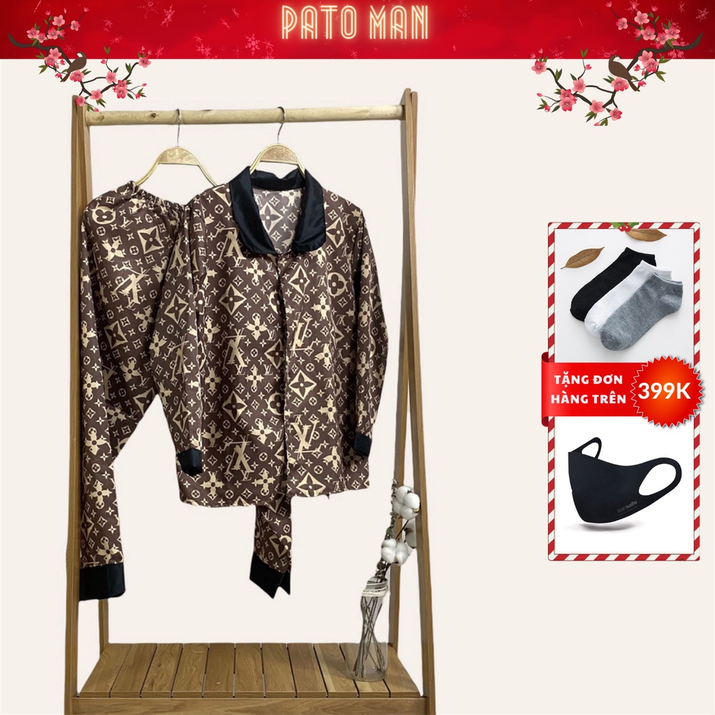 Bộ đồ ngủ hoa văn siêu đẹp tay dài quần dài cổ bèo, pijama chất kate giặt không phai, không nhàu (ảnh shop chụp)