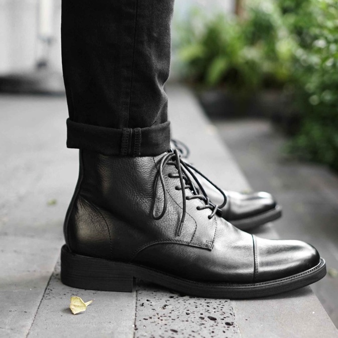[CAO CẤP] Giày boot công sở nam cao cổ buộc dây màu đen RAVEN da thật mũi tròn đế phíp Văn phòng Sartorial biker BH1 năm | BigBuy360 - bigbuy360.vn