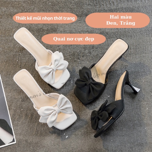 Guốc cao gót thắt nơ 7 phân, giày cao gót có nơ thời trang Womenstyle 2 màu Đen, Trắng chuẩn size 35-39 mã TD01