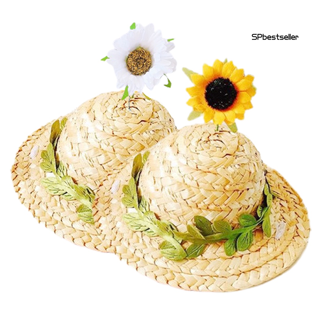 Nón rơm rộng vành đính hoa dễ thương dành cho thú cưng