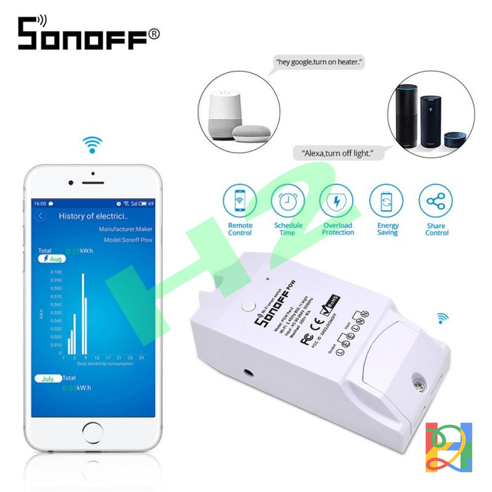 Công tắc Wifi điều khiển từ xa qua wifi, 3G, 4G, đo công suất tiêu thụ Sonoff Pow R2, 16A, 3500W, 220V