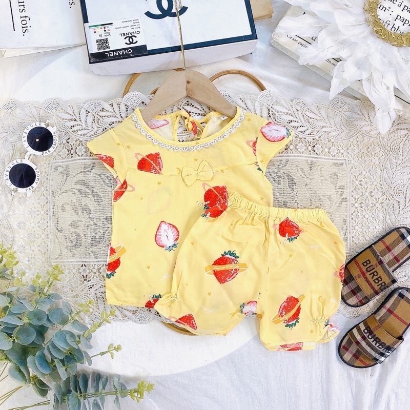 bộ lanh nơ ngực 2 bèo nhún xinh yêu cho bé gái - BLNN2