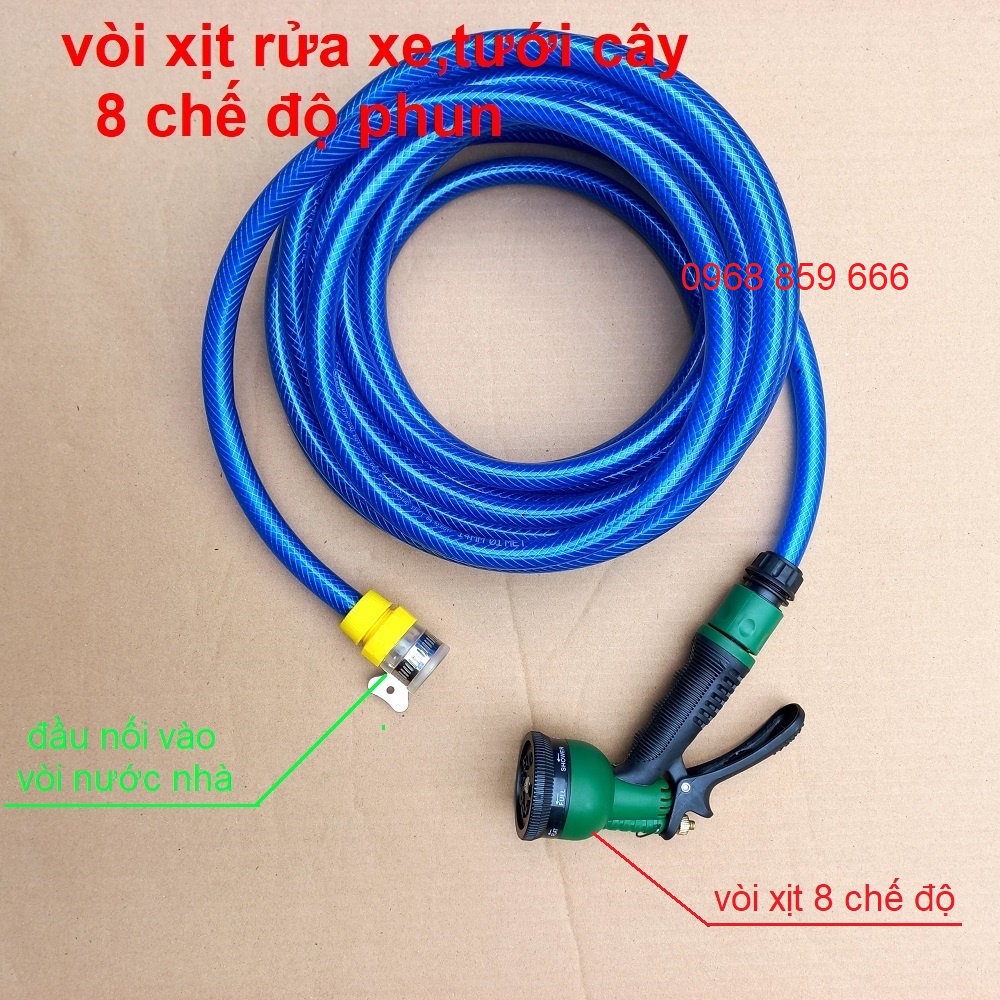 Vòi Xịt Tưới Cây Rửa Xe Đa Năng 8 chế độ, Kèm Dây Và Khớp Nối Nhanh, Nhiều Chế Độ Xịt, Dây 3m tới 30m (vòi 8 chế độ)