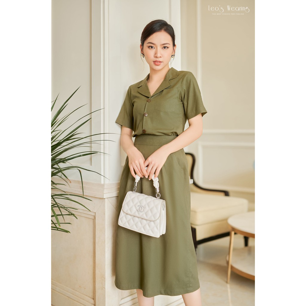 Váy Công Sở Chữ A Tay Ngắn LEOSWEARING Set Chân Váy Dài Qua Gối Lưng Thun và Áo Sơ Mi Chất Vải Linen Bột dam cong so B11