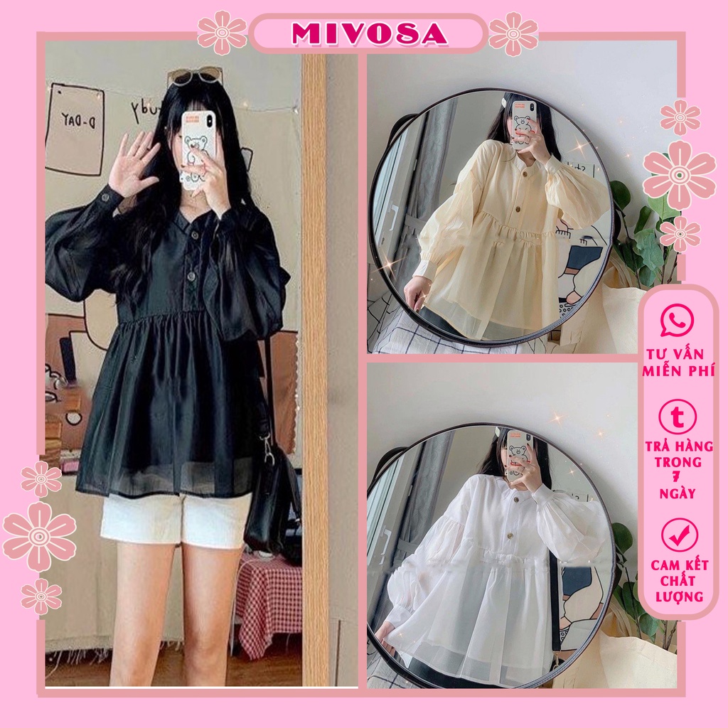 Áo babydoll voan lụa cúc giả gỗ tay bồng áo kiểu nữ 2 lớp xinh xắn MIVOSA BB008