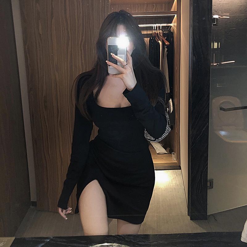 Váy Body Dài Tay Sexy RANSHI Siêu Xinh Đầm Body Xẻ Tà Cổ Vuông Thu Đông Ôm Quyến Rũ Chất Thun Gân Đẹp - RBD038