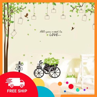 ⚡️𝗙𝗥𝗘𝗘𝗦𝗛𝗜𝗣⚡️ Decal dán tường cây khung ảnh và xe đạp chở hoa