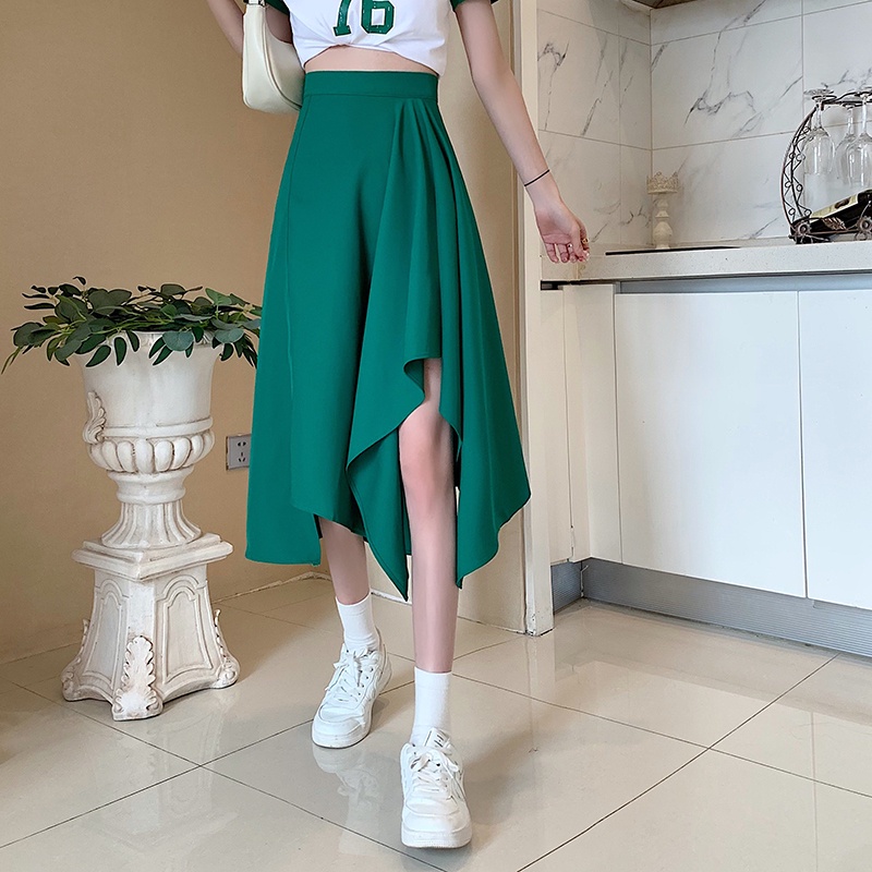 Chân váy xanh dài hot trend chân váy chữ A xẻ tà thiết kế không đều Firstdateclothing