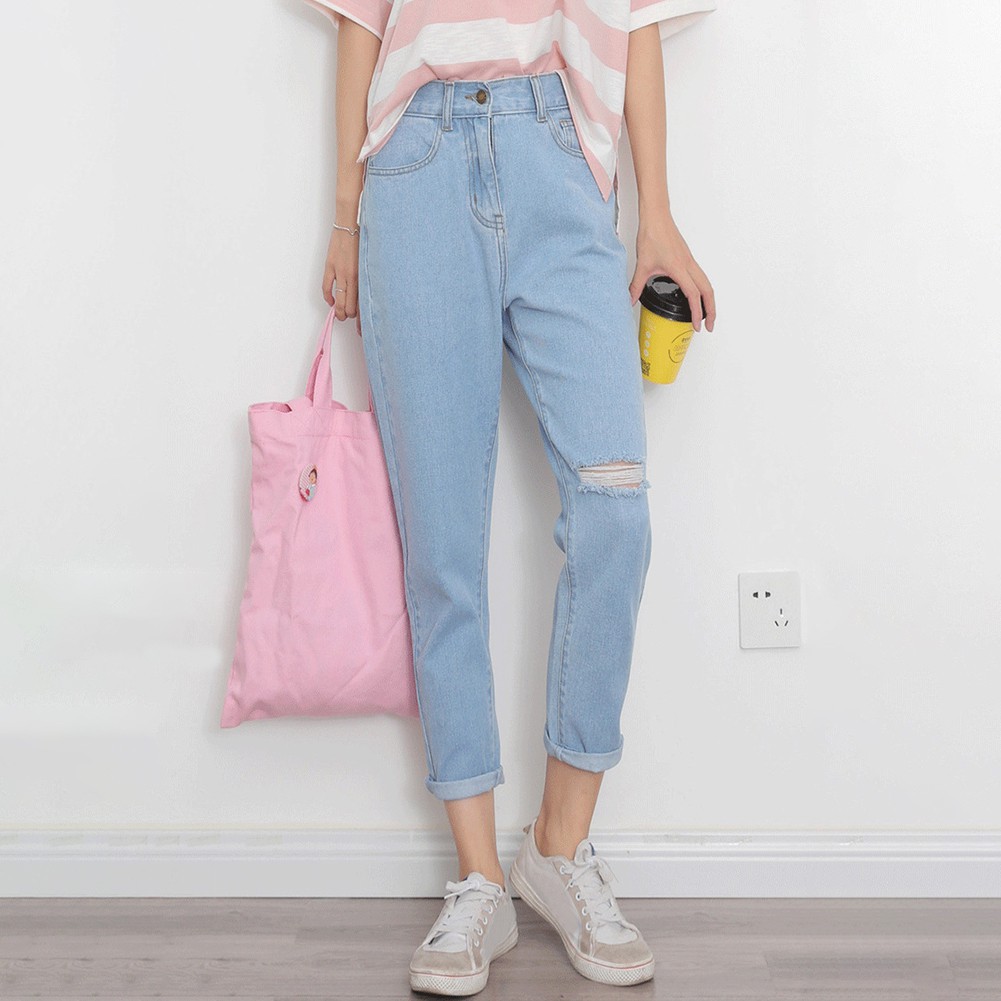 Quần denim lưng cao phối khoá kéo thiết kế dáng rộng thoải mái