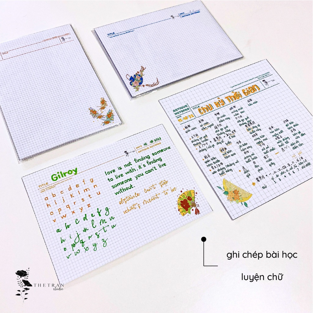 Bộ 10 tờ giấy ghi chép kẻ caro - A4, B5, A5, A6 - dọc, ngang cổ trang / antique notepad / thetranstudio