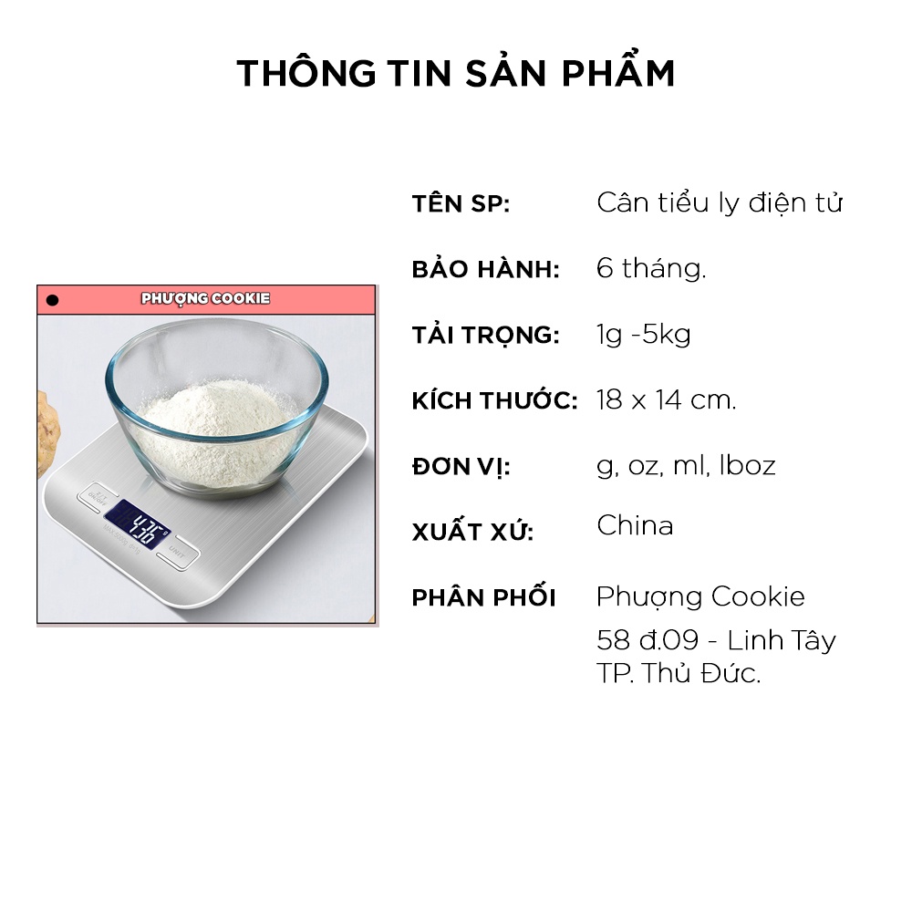 Cân tiểu ly điện tử mini dùng trong nhà bếp, dùng để đo nguyên liệu nấu ăn, làm bánh - 5kg