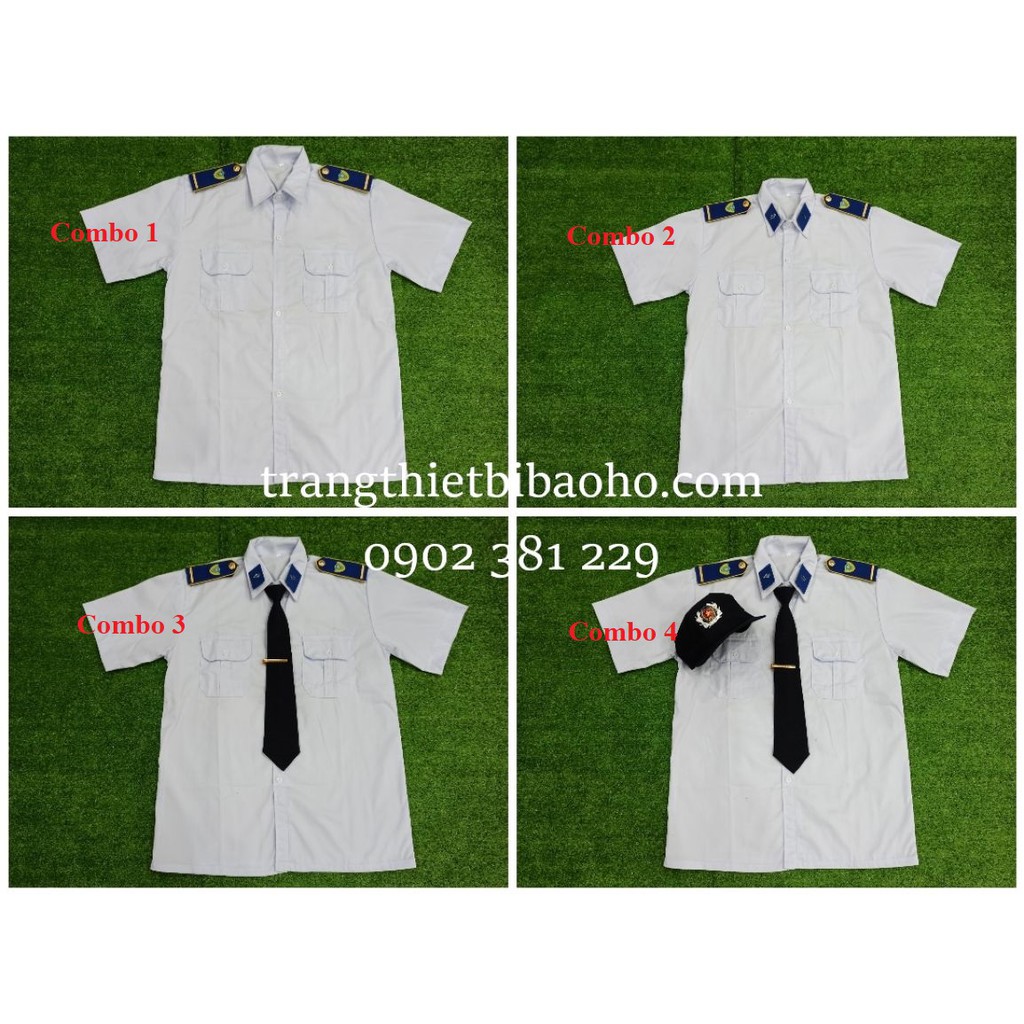 Áo bảo vệ màu trắng kèm phụ kiện gạch đồng xanh dương thêu