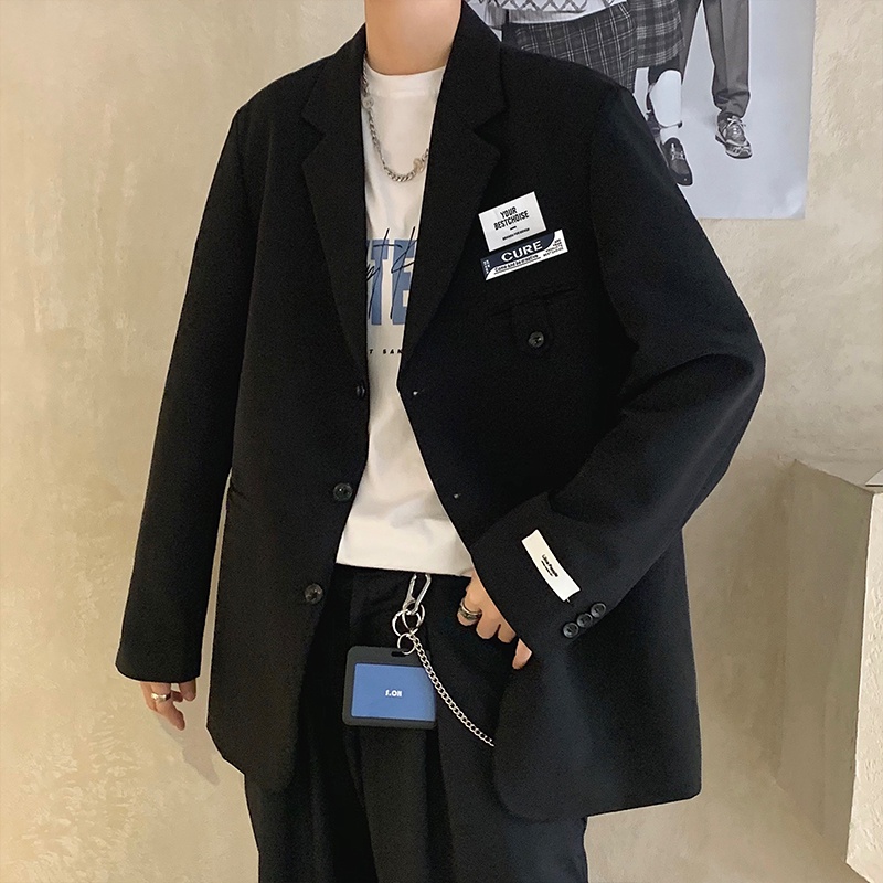 ♞AFF LIGA♞ Áo khoác blazer tay dài dáng rộng màu trơn phong cách Hàn Quốc cho nam