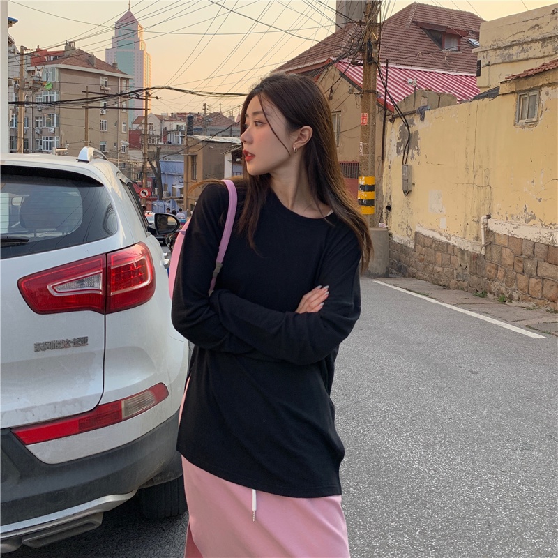 SUXI Áo Thun Tay Dài Dáng Rộng Màu Sắc Đơn Giản Trẻ Trung Phong Cách Hàn Quốc