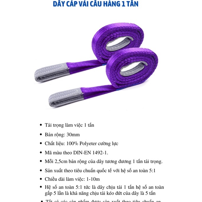 Dây cáp vải cẩu hàng bản dẹp 1 tấn, Hệ số 5:1, dài 1m-10m, chất liệu 100% Polyeter cường lực siêu bền