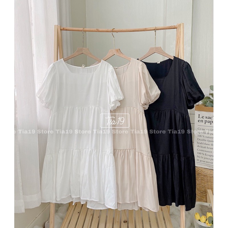 Váy babydoll cổ vuông 3 màu. Đầm tay bồng dáng xoè ulzzang ( Ảnh thật Tia19 chụp)