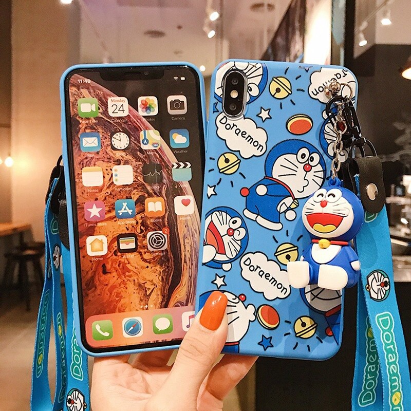 Ốp điện thoại có giá đỡ + dây đeo Doraemon cho Samsung Galaxy A7 2017 A720 A8 PLUS 2018 A730 A9 star pro A920 A9s A10