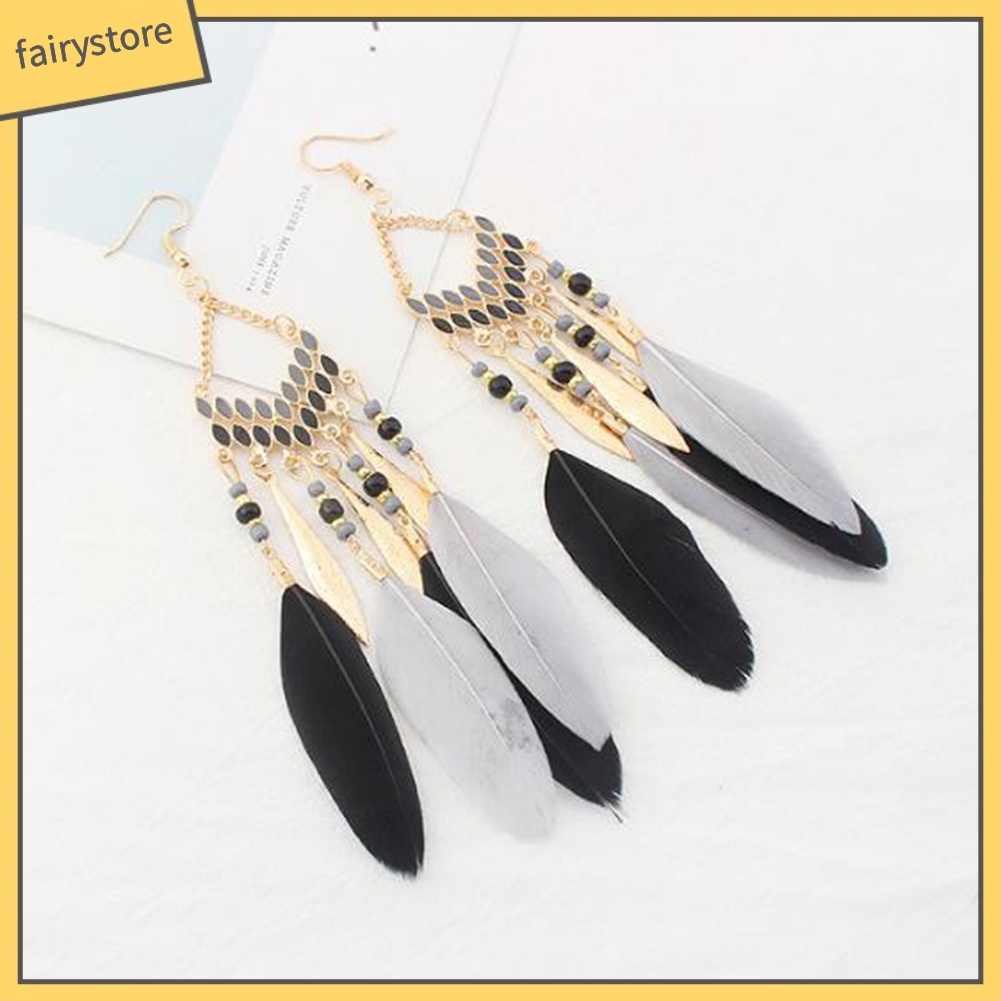 Khuyên tai dáng dài phối tua rua lông vũ phong cách Bohomian độc đáo