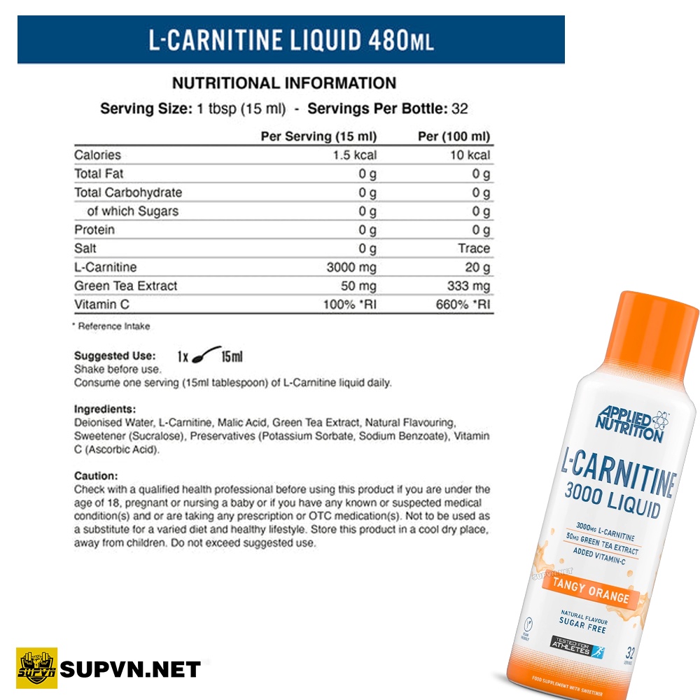 APPLIED NUTRITION L CARNITINE LIQUID 3000 480ML Hỗ Trợ Đốt Mỡ Giảm Cân Nhanh của Anh Quốc