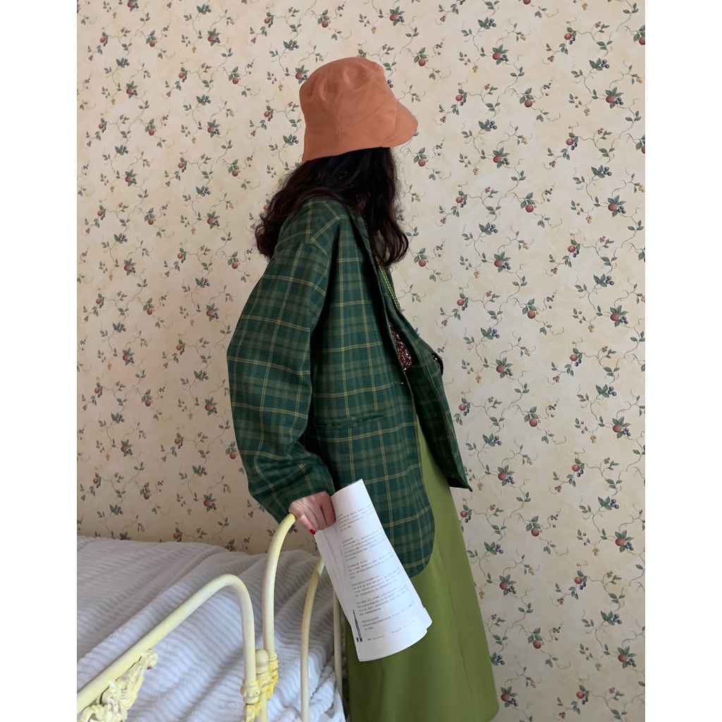 Áo Khoác Blazer Kẻ Đậm Chất Vintage Phong Cách Hàn Quốc Cho Nữ